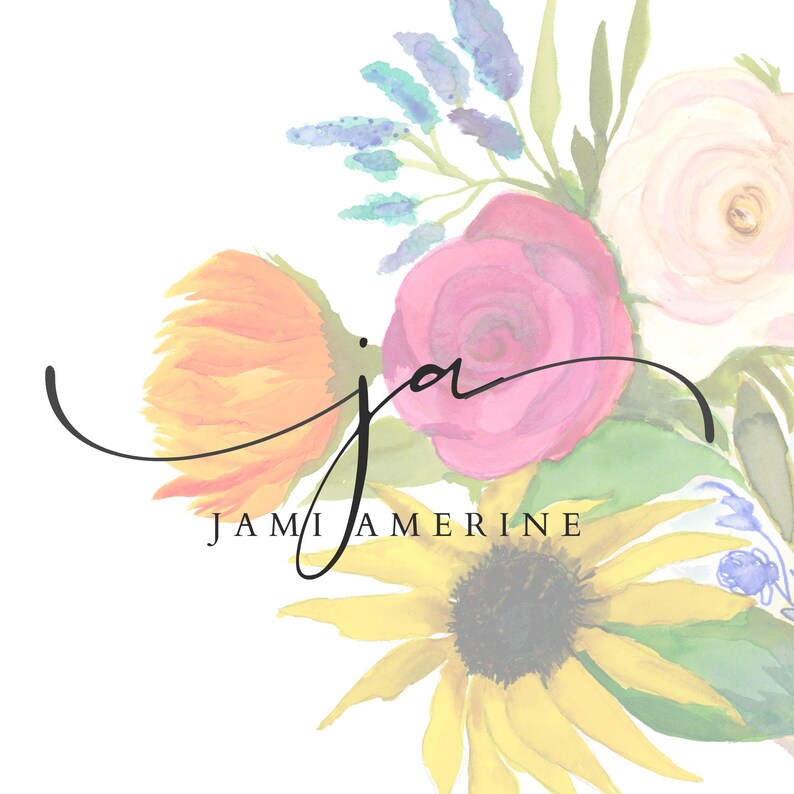May include: Watercolor floral design with a variety of flowers in shades of pink, yellow, orange, and blue. The text "ja" is written in a cursive font, with the words "Jami Amerine" below.