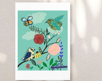 Lacecloud Print, Eclectic Art Print, Floral Print, Bird Art, Digital Download, Flower Print, Jami Amerine, Original Art, Colorful bird print
