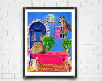 Maximalist Bathroom Safari Art Print Set | Quirky Animal Collage Wall Decor | Tropical Boho Funny Bathroom Art | Eclectic Jungle Deco