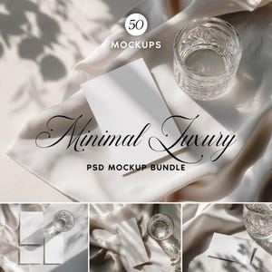 Puede incluir: Un paquete de maquetas con el texto "Minimal Luxury" y "PSD Mockup Bundle". La imagen presenta tarjetas blancas, un vaso de agua y el texto "50 Mockups" sobre un fondo de tela blanca. La escena está iluminada con luz natural.