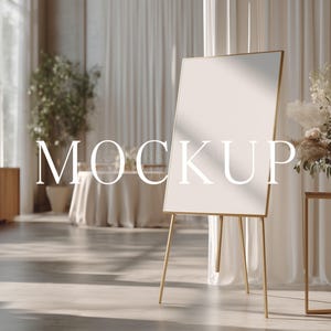 Mockup för bröllopsvälkomstskylt, 24x36, guldram, beige siden (PSD-fil, digital nedladdning)