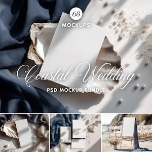 May include: A styled mockup featuring a white card, a seashell, and draped navy fabric. The text "Coastal Wedding" is displayed in elegant script, with "PSD MOCKUP BUNDLE" below. The image includes the text "68 Mockups". Pearls and delicate flowers add to the coastal theme.