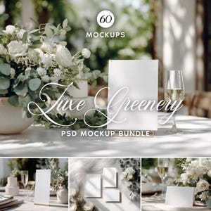 May include: A styled mockup bundle with the text "Luxe Greenery PSD Mockup Bundle". The image features a white card, champagne glass, and floral arrangement. Additional images show various card mockups.