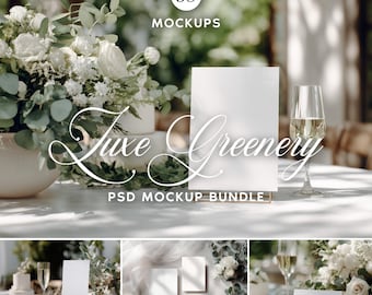 Puede incluir: Un paquete de maquetas estilizadas con el texto "Luxe Greenery PSD Mockup Bundle". La imagen presenta una tarjeta blanca, una copa de champán y un arreglo floral. Imágenes adicionales muestran varias maquetas de tarjetas.