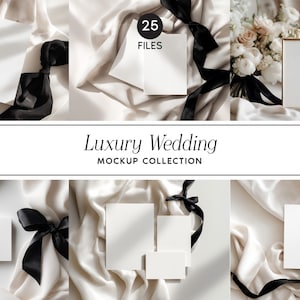 Wedding Stationery Mockup Bundle, Luxury Ivory and Black Ribbon Collection, Invitations, Programs, Signs PSD