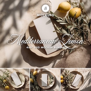 May include: A Mediterranean-themed mockup bundle. The image shows a beige plate with a white card, lemons, and olive branches. The text "Mediterranean Lemon" and "4x9" PSD MOCKUP BUNDLE" are visible.