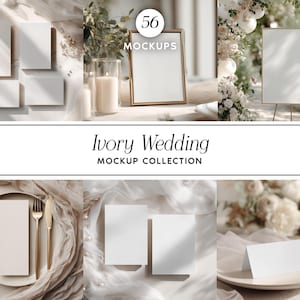 Op de afbeelding: Een verzameling ivoorkleurige bruiloft mockups, waaronder blanco kaarten, een ingelijst bord en couverts. De afbeelding toont zachte verlichting, bloemstukken en de tekst "Ivory Wedding Mockup Collection" en "56 Mockups".