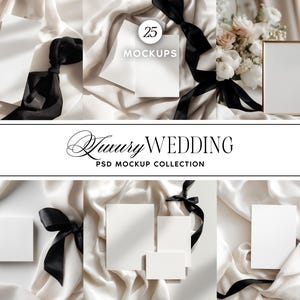 Puede incluir: Una colección de maquetas blancas con cintas negras y el texto "25 Mockups". La imagen también presenta el texto "Luxury Wedding PSD Mockup Collection". Las maquetas están dispuestas sobre una tela color crema.