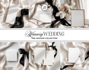 Wedding Stationery Mockup Bundle, Luxury Ivory and Black Ribbon Collection, Invitations, Programs, Signs PSD