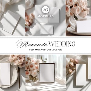 Peut inclure: Maquettes de mariage avec des cartes vierges, de la papeterie et un cadre. La scène comprend du tissu blanc doux, des roses et le texte "Romantic Wedding PSD Mockup Collection". L'esthétique générale est élégante et romantique.