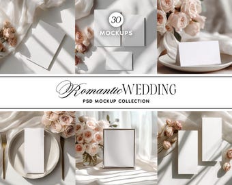 Puede incluir: Maquetas de boda con tarjetas en blanco, papelería y una impresión enmarcada. La escena incluye tela blanca suave, rosas y el texto "Romantic Wedding PSD Mockup Collection". La estética general es elegante y romántica.