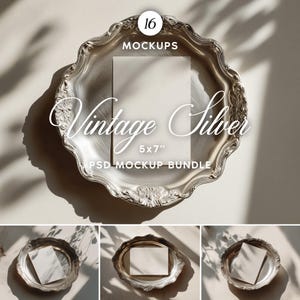 Może przedstawiać: Srebrna taca w stylu vintage z dekoracyjną krawędzią mieści białą kartę o wymiarach 12,7 x 17,8 cm. Obraz zawiera tekst "Vintage Silver 5x7" i "PSD Mockup Bundle". Taca jest ustawiona na neutralnym tle z cieniami.