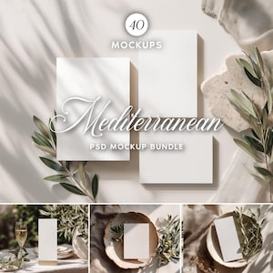 May include: A mockup bundle with the word "Mediterranean" in elegant script. The image features three white rectangular cards, olive branches, and a stone. The text "40 Mockups" and "PSD Mockup Bundle" are also visible.