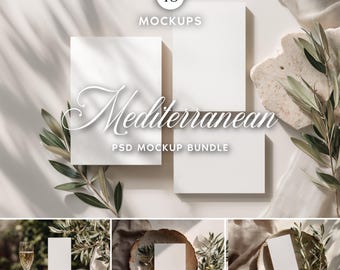 Puede incluir: Un paquete de maquetas con la palabra "Mediterranean" en escritura elegante. La imagen presenta tarjetas blancas, ramas de olivo y una piedra, con el texto "40 Mockups" en la parte superior. Las palabras "PSD Mockup Bundle" también son visibles.