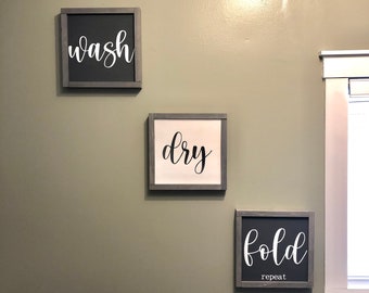 Laundry Signs | Wash, Dry, Fold, Repeat | Wood Sign | Bathroom Decor