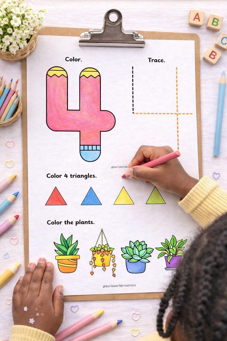 Number 4 Worksheet | Preschool Number Tracing, Counting Coloring