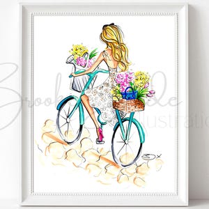 Spring Girl on Bike Art Print | Floral Bicycle Wall Art | Digital Download | Blonde Fashion Illustration | Printable Spring Decor