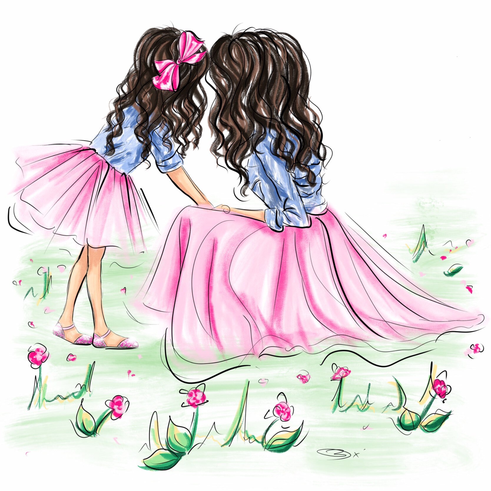 Ilustración madre e hija dibujo de madre e hija boceto de | Etsy México