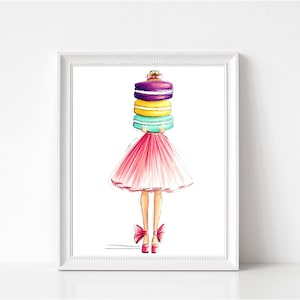 Macaron Art Print, Parisian Fashion Illustration, Girly Kitchen Wall Decor, Teen Girl Room Wall Art,