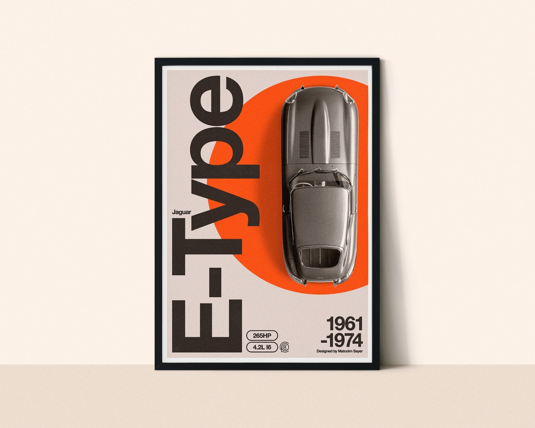 Jaguar Etype Retro Automotive Art Print, Minimalist Scandi Decor