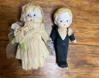 Vintage biscuit bruid en bruidegom Penny Dolls bevroren Charlotte