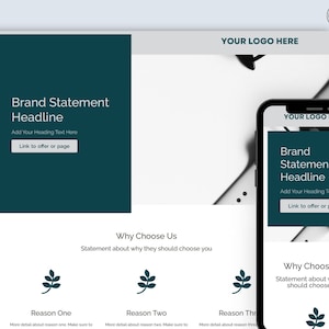 May include: A website mockup with a dark teal background and the text "Brand Statement Headline" with the words "Add Your Heading Text Here" and "Link to offer or page" below. The website mockup is on a white background with a black and white pattern.