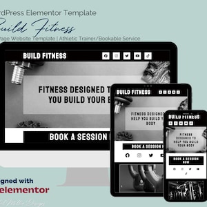 Könnte beinhalten: Ein Website-Mockup für ein Fitnessunternehmen namens "Build Fitness". Die Website ist in Schwarzweiß gehalten und enthält einen Call-to-Action zum "Buchen einer Sitzung".