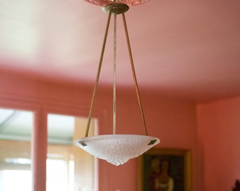 Żyrandol sygnowany Muller Frères Lunéville, lampa wisząca w stylu Art Deco, żyrandol z brązu niklowanego, lampa sufitowa, lata 30.