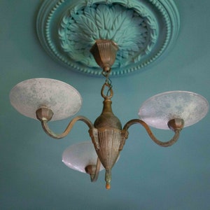 Chandelier signed Muller Frères Lunéville, Art Deco pendant light, bronze chandelier, ceiling lamp, 30s