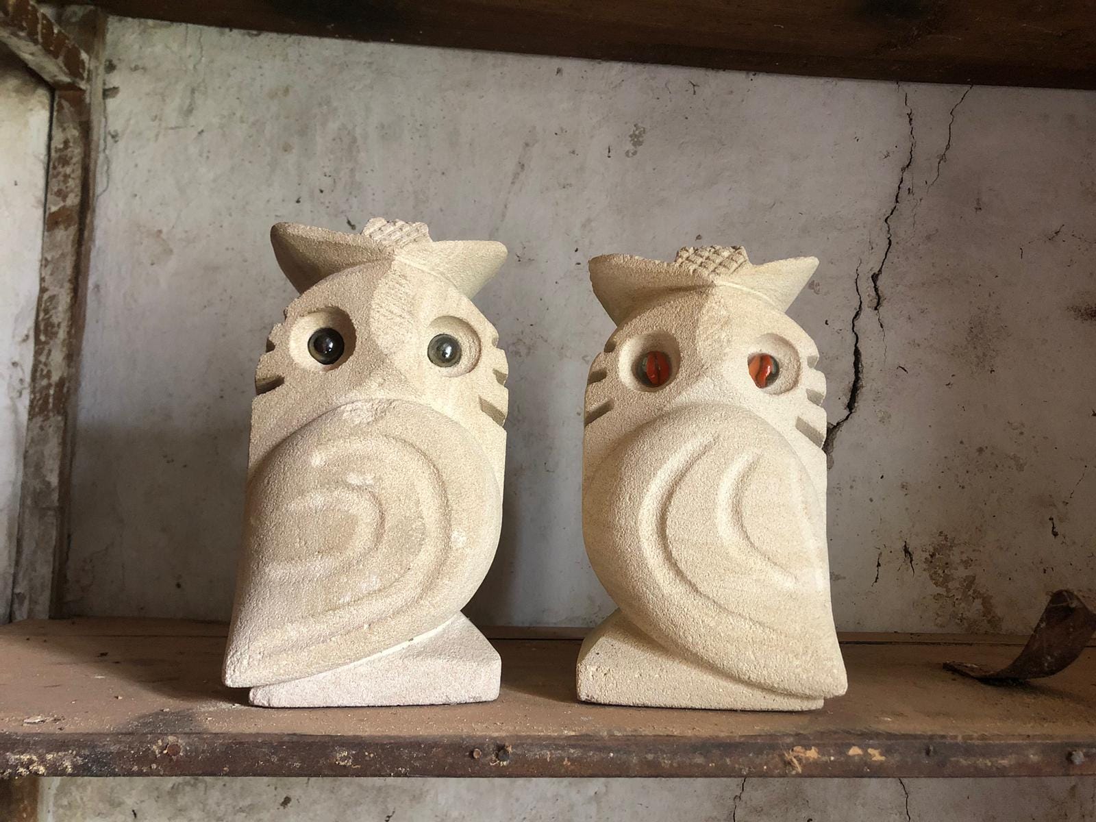 Pair Of Stone Owl Sculptures, Vintage Owl, Signed Lamp, Interior Decoration