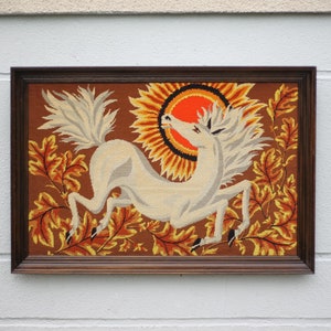 Large model tapestry framed in wood, vintage canvas, wall decoration, white horse Lurçat style, canvas, 60&#39;s