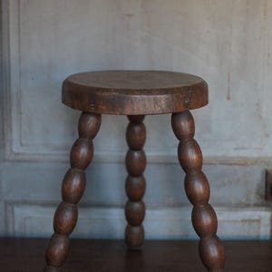 Tripod stool, wooden stool with spool legs, occasional stool, antique stool, plant stand, brutalist, interior decor, stool