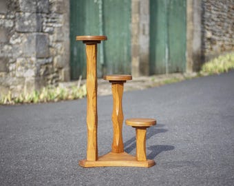 May include: A three-tiered wooden plant stand with a natural finish. The stand has three round shelves and a sturdy base.
