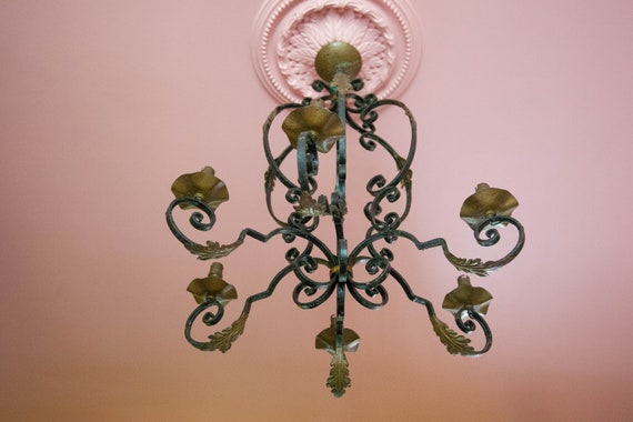 Lustre En Fer Forgé Artemeforro – 1 Lumière, Abat-jour Conique, Feuille Rose Or, IP45