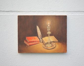 Pintura assinada natureza morta, pintura a óleo, livros com vela, decoração de escritório, pintura a óleo