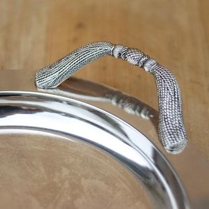 Vintage silver metal tray, round serving tray with ribbon handles, presentation dish, tableware, tray