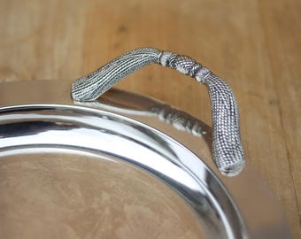 Vintage silver metal tray, round serving tray with ribbon handles, presentation dish, tableware, tray