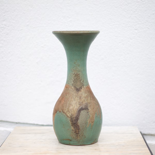 Vase vintage, vase balustre style raku, vase grand col, vase céramique vert céladon, collection, pot à fleur, déco intérieur