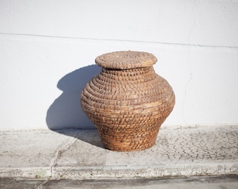 Panier ancien, bourgne paille et ronce, panier tressé avec couvercle, décoration intérieur, garde-manger, cache-pot, woven basket