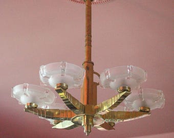 Art Deco pendant light, Ezan glass globe 6-light chandelier, Jean Petitot, Art Deco bronze chandelier, ceiling lamp