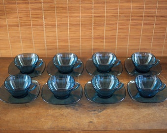 Vintage coffee cup set, tea cup set, blue glass, blue Vereco set, kitchen, decoration, coffee cup, tea cup