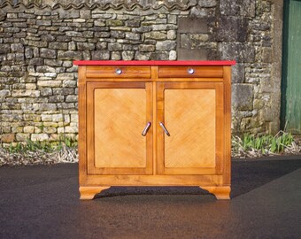 Buffet bas en bois, bahut, meuble de rangement vintage, formica rouge, 40's