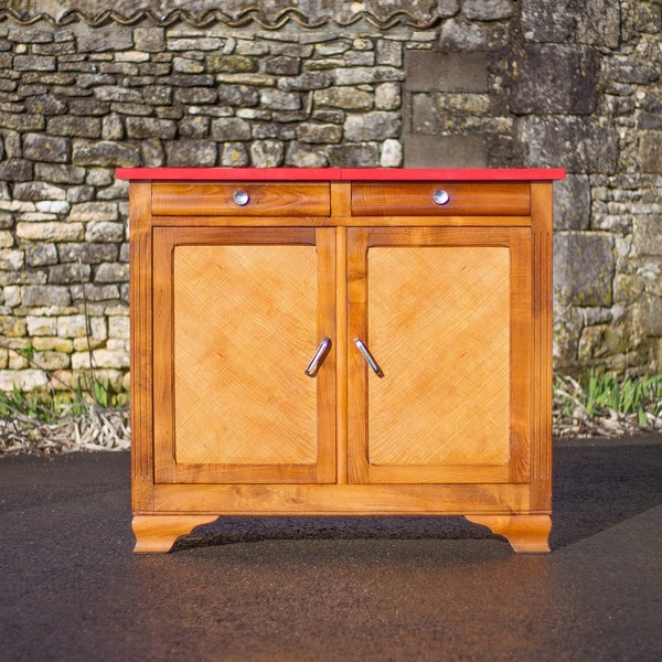 Buffet bas en bois, bahut, meuble de rangement vintage, formica rouge, 40's