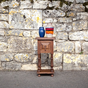Wooden bedside table, wooden nightstand with drawer, occasional furniture, plant stand, brutalist, vintage interior decor