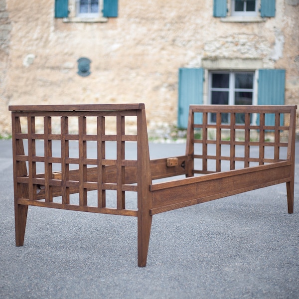 Méridienne bois vintage de René Gabriel, mobilier d'après-guerre, 1945, lit, période reconstruction