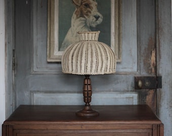 Bedside lamp, table lamp, vintage table lamp, carved wood lamp with crochet shade, bedside lamp