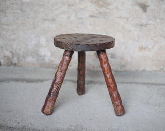 Vintage stool, hammered wood stool, tripod stool, brutalist, plant stand, interior decor, stool