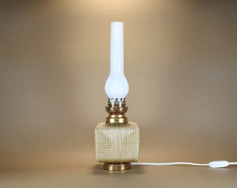Lampe à poser vintage, lampe de table rotin et cuivre avec globe opaline, lampe vintage, décoration intérieur, rattan