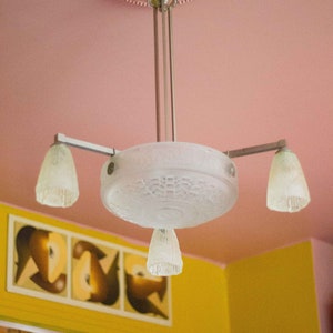 Art Deco chandelier nickel-plated bronze with art deco tulip glass, ceiling lamp, art deco pendant light, 30&#39;s