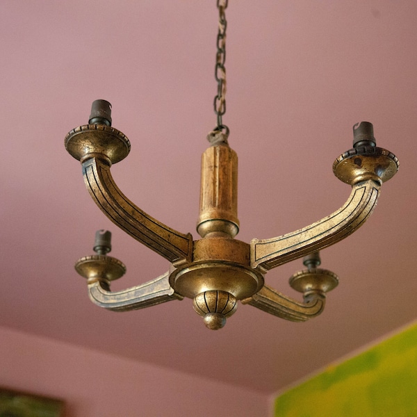 Lustre bois doré de style empire, suspension bois doré 4 feux, lampe de plafond, ceiling lamp